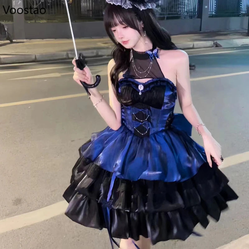 Vintage Victorian Lolita Princess Mini Dress Women Gothic Y2k Bow Lace Ruffles Sleeveless Party Dresses Girl Sweet Elegant Dress