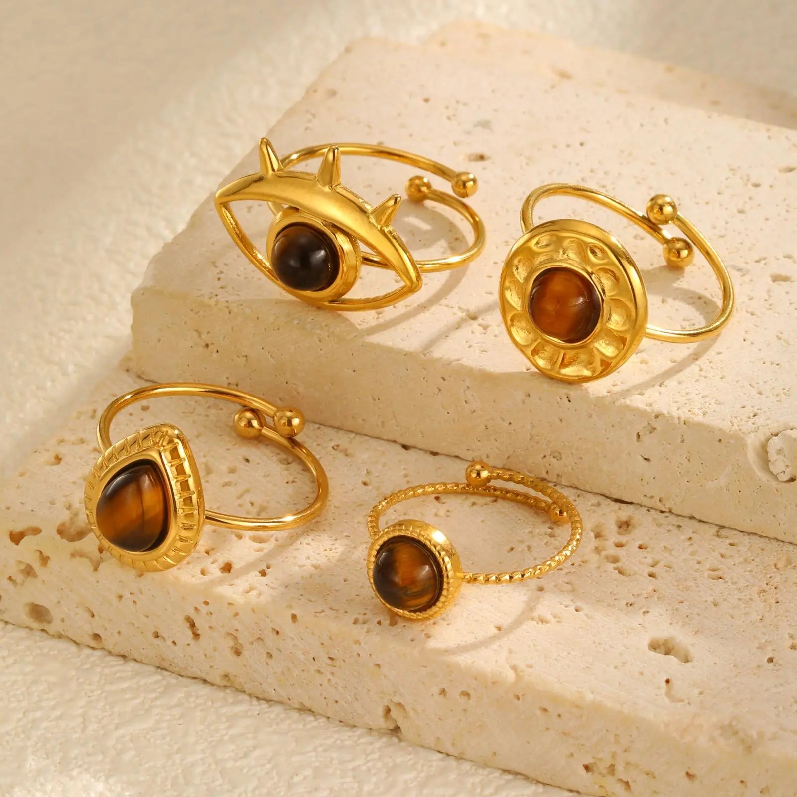 Vnox Elegant Natural Stone Stainless Steel Rings Fashion Colored Pearl Opal Turquoise Rings For Women Retro Waterproof Jewelry