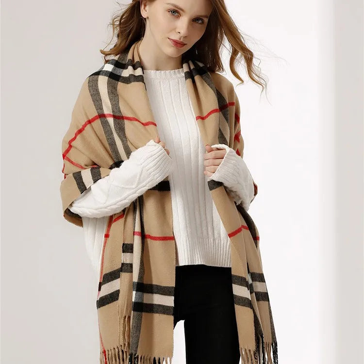 Autumn and winter BABA plaid scarf for women, stylish and versatile warm winter neck scarf in Korean-style checkered pattern.