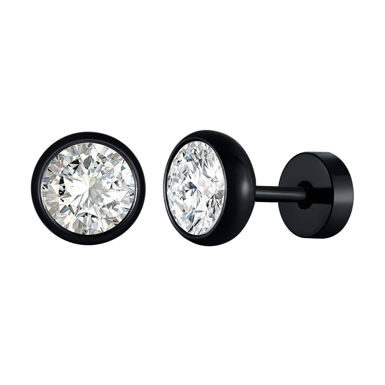 Vnox Multi-faced Cut Zircon Stone Earrings for Men Boys, Screw Back Stud Barbell Shaped Earrings,Black Stainless Steel Jewelry