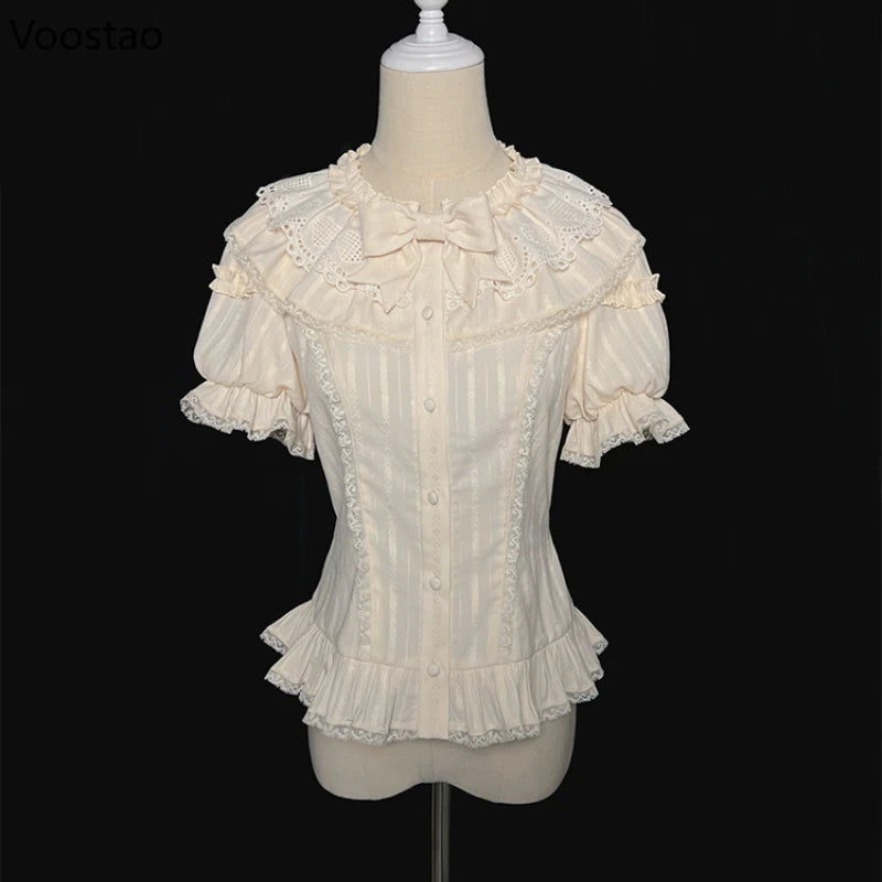Chemises style Sweet Lolita pour femmes, style vintage kawaii, manches courtes bouffantes, volants et nœud, blouses pour filles, style gothique Y2K, hauts slim, style punk, Blusas Mujer