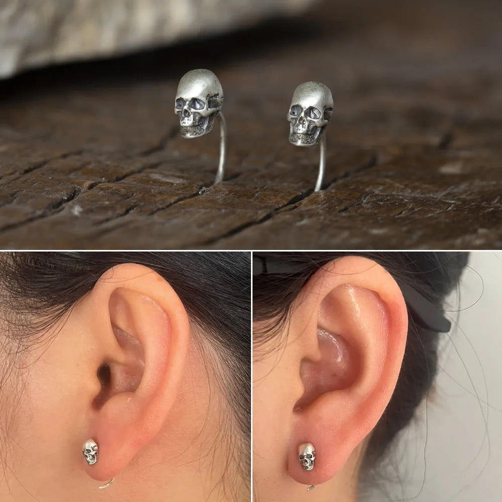 MKENDN 925 Sterling Silber Kreative Retro Totenkopf Chic Ohrstecker Punk Rock Street Style Ohrstecker für Damen und Herren Feiner Schmuck