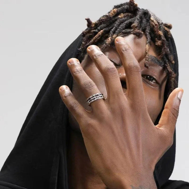 Retro Hollow Twisted Rope Ring For Men Punk Gothic Rock Hiphop Designer Open Ring Handmade Jewelry Biker Accessories Unisex Gift