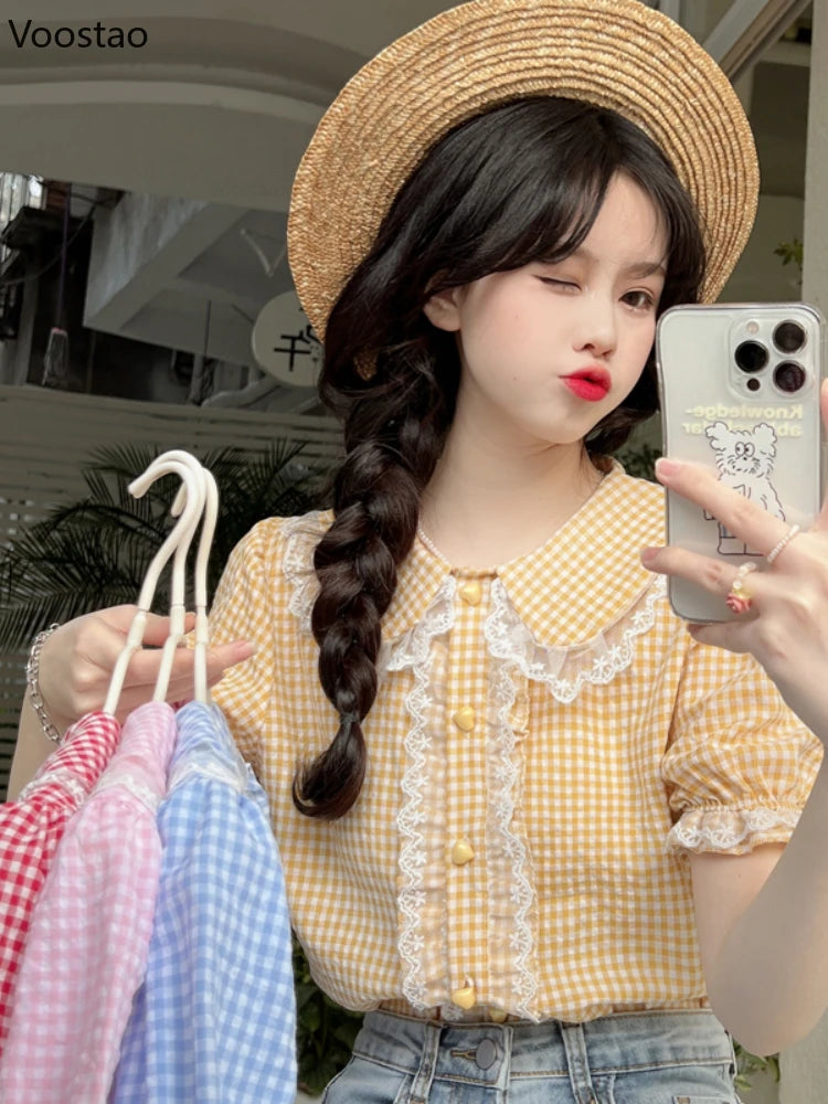 Sweet Lolita Style Plaid Blouses M-2XL Women Kawaii Lace Embroidery Ruffles Short Sleeve JK Shirts Girly Cute Y2k Blusas Mujer
