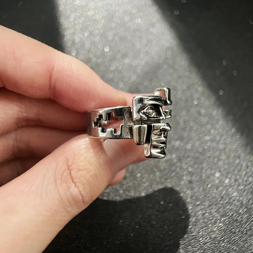 Retro Abstract Falling Apart Face Ring For Men Women Silver Color Punk Gothic Open Ring Designer Jewelry Accessories Art Gift