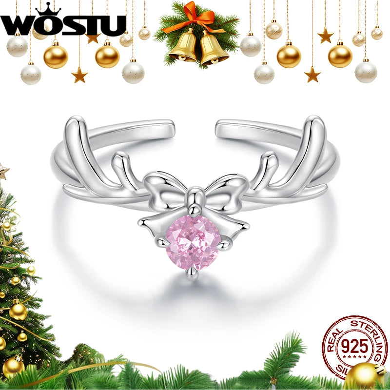 WOSTU 925 Sterling Silver Pink Crystal Christmas Reindeer Ring with Bow For Women, Sweet Xmas Jewelry Gift Stackable Rings