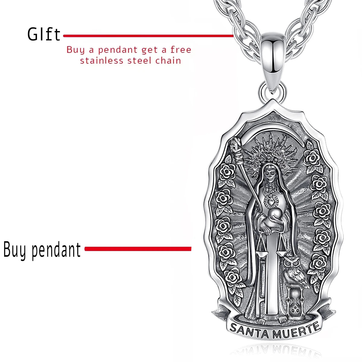 Eudora 925 Sterling Silver Santa Muerte Necklace for Women Man Holy Death Scythe Mexican Pendant Personality Jewelry Fine Gift