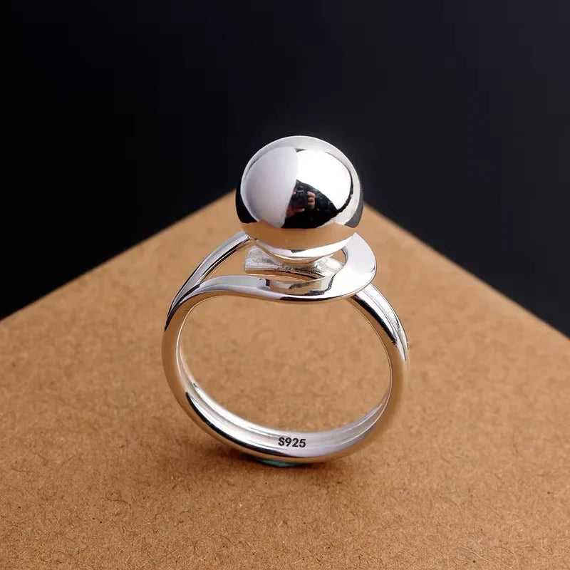 925 Sterling Silver Simple Ring For Women Fine Jewelry Finger Adjustable Open Vintage Big Ball Ring For Party Birthday Gift