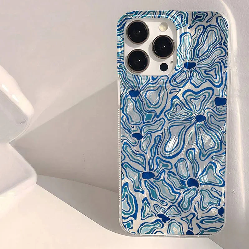 Abstract Blue & Aqua Water Wave Floral Pattern Case for iPhone 17 16 15 Pro Max Air 14 11 13 12 XR 8 7 16 15 Plus X XS SE2 Cover