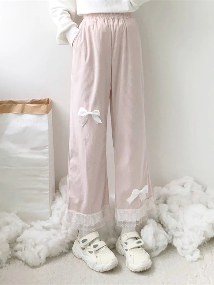 Japanese Lolita Women's Kawaii High Waist Corduroy Pants Sweet Bow Lace Wide Leg Pants Girly Harajuku Chic Loose Cute Trousers - Madeinsea©