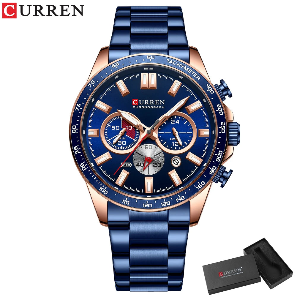 CURREN  New 2022 Stainless Steel Quartz Wristwatches for Men Sports Chronograph Watches with Luminous Hands