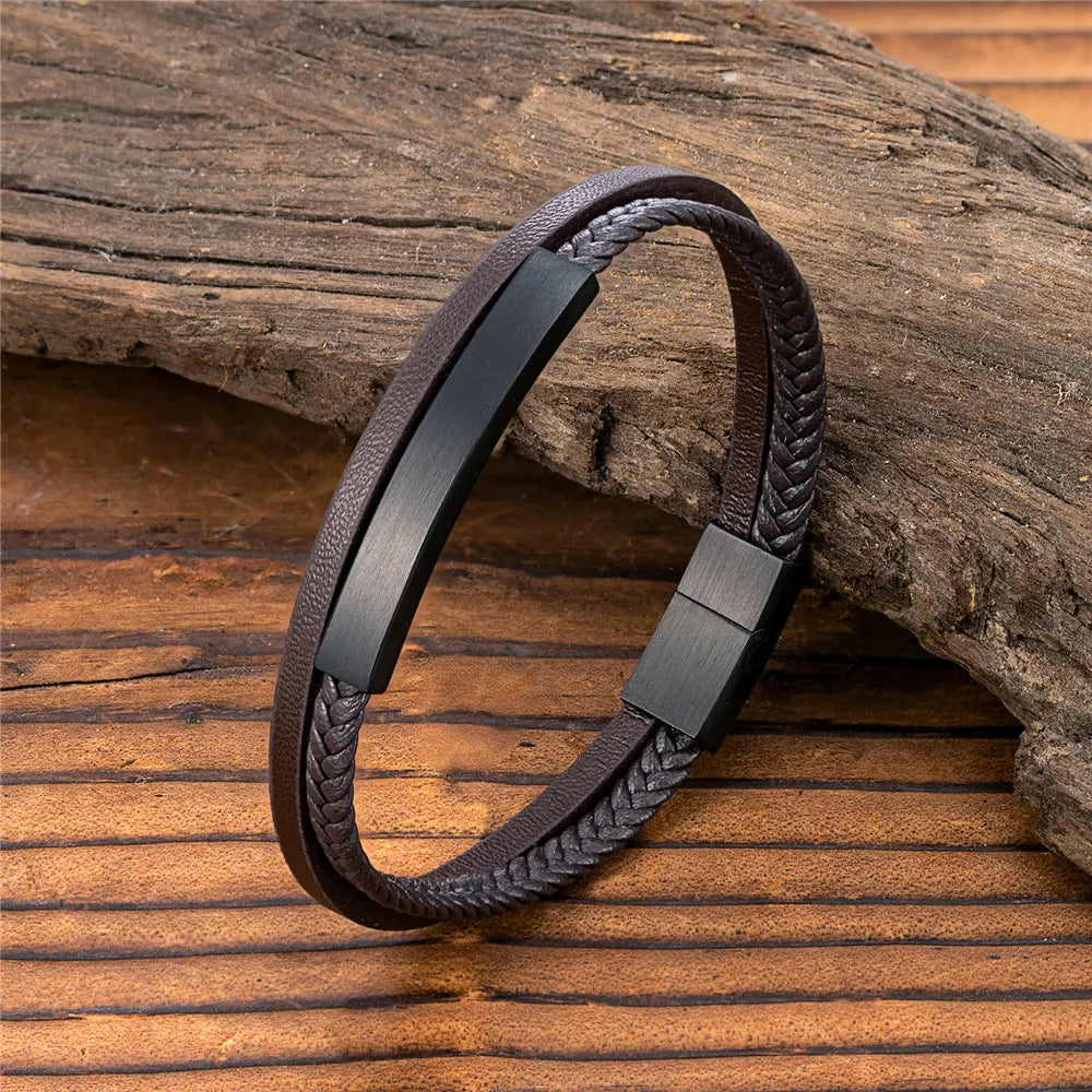 MKENDN Men Women Punk SOS Custom logo Name Engrave Text Adjustable Leather Bracelet customize Stainless Steel ID Bracelet - Madeinsea©