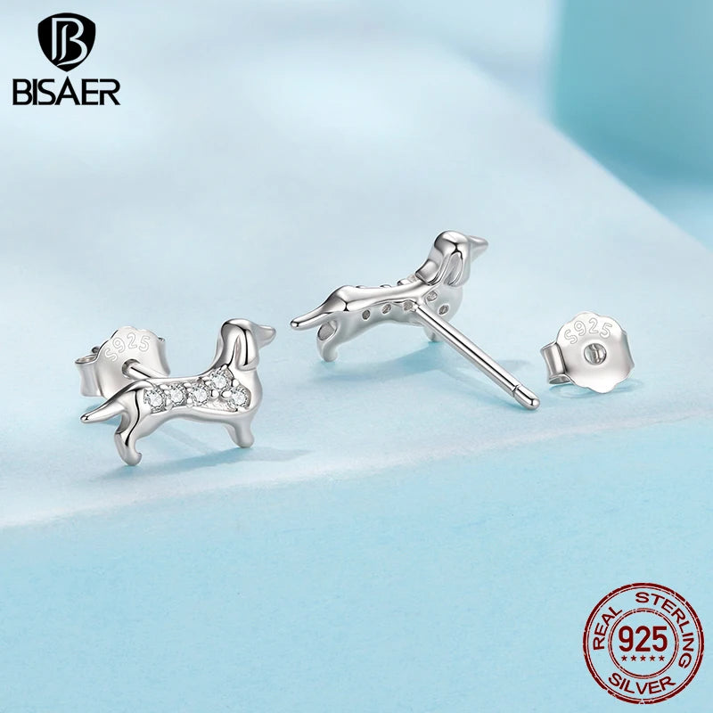 BISAER 925 Sterling Silver Cute Dachshund Stud Earrings Pet Dog Hypoallergenic Earrings Plated White Gold for Women Fine Jewelry