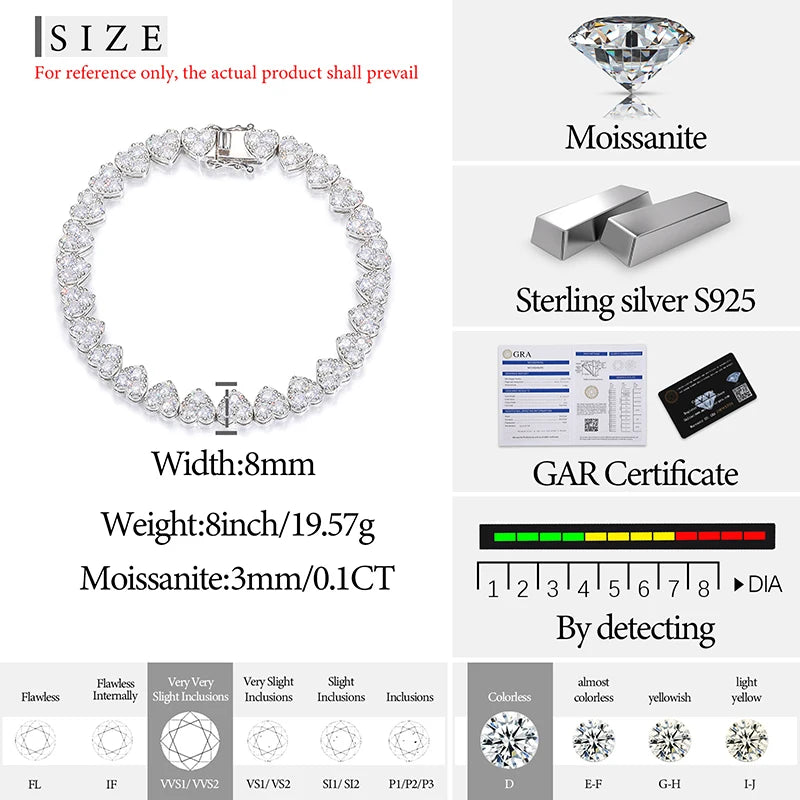 Unisex 3mm-5mm Heart 3 Row Tennis Moissanite Bracelet 925 Silver For Women Men Hip Hop Jewelry - Madeinsea©