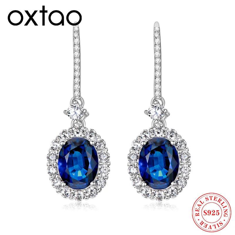 OXTAO 2CT Blue Oval Zircon Luxury Hook Earrings 925 Sterling Silver Temperament Gemstone Earrings for Women Fashion Jewelry Gift