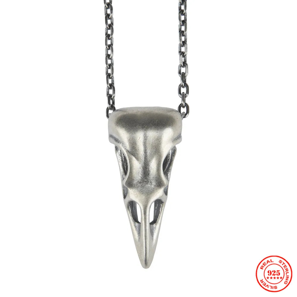 MKENDN Viking Style 100% 925 Sterling Silver Creative Crow Raven Head Skull Pendant Necklace For Men Women Fine Jewelry