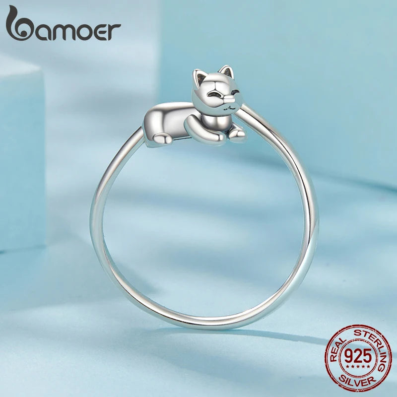BAMOER 2025 Solid 925 Sterling Silver Cute Cat Adjustable Rings Lovely Cats Animals Open Ring Jewelry for Women SCR1116-E