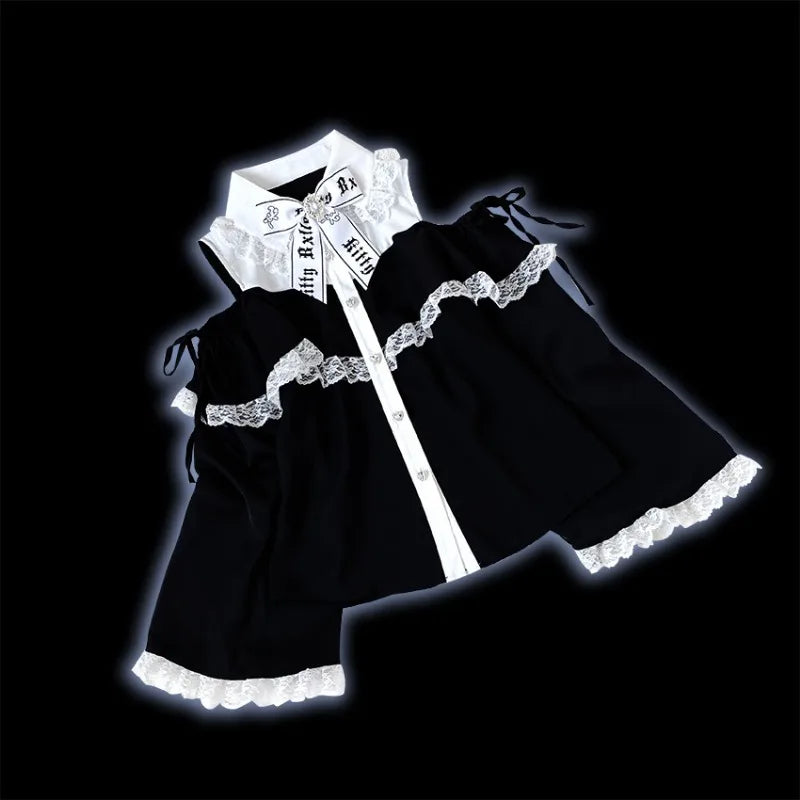 Japanese Gothic Lolita Shirts Women Vintage Kawaii Lace Ruffles Off Shoulder Long Sleeve Blouses Y2k Aesthetic Sweet Tops Blusas