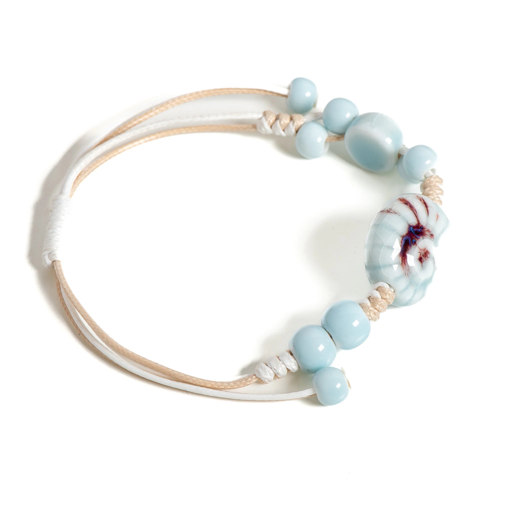 Handmade Blue Snail Shell Ceramic Bracelet Adjustable Handwoven Boho Jewelry for Women & Men - S02-005