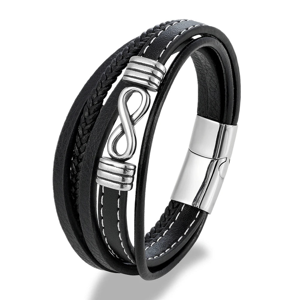 MKENDN Klassisches Herren-Armband mit quadratischem Knoten und Infinity-Motiv, mehrlagig geflochtenes Lederarmband (316L), auch für Damen geeignet, Schmuckgeschenk