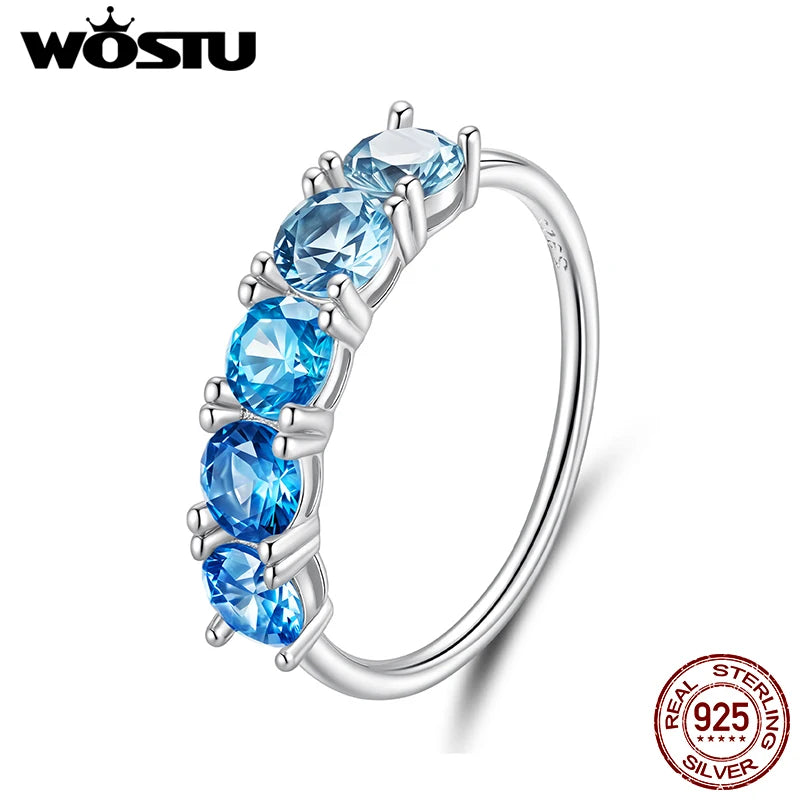 WOSTU 925 Sterling Silver Classical Round Ocean Blue CZ Sapphire Ring For Women Engagement Party Wedding Holiday Jewelry Gift