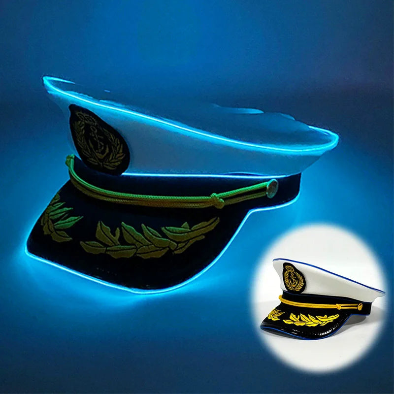 New Luminous White Sailor Captain Yacht Caps Wheat Embroidery LED Glow Navy Marine Hat Men Women Cosplay Halloween Costume Hats