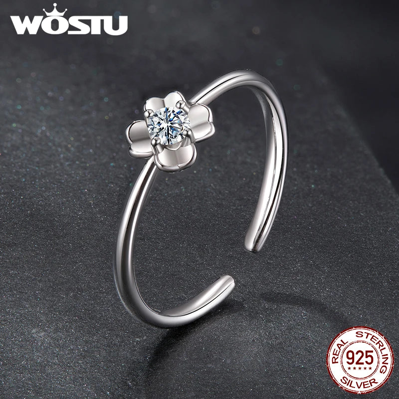 WOSTU Four-leaf Clover Moissanite Opening Ring Stud Earrings Chain Bracelet For Women 925 Silver Diamond Cut Wedding Jewelry Set