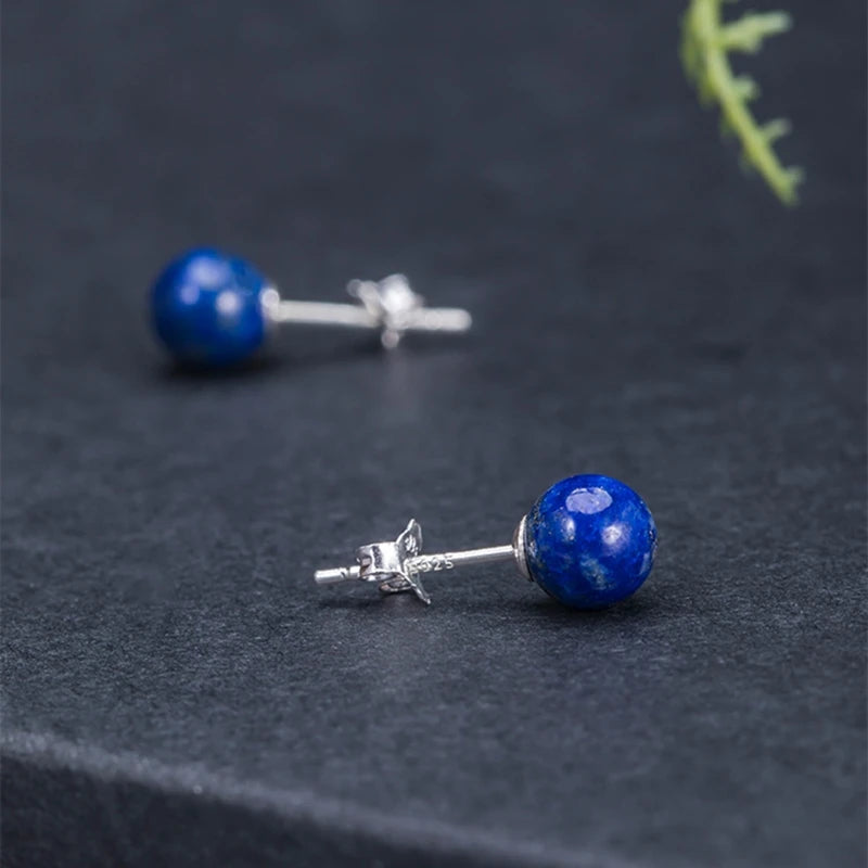 MKENDN New 100% 925 Sterling Silver Earrings Men Women Vintage Natural Stone Stud Earrings With Lapis Lazuli Personality Jewelry - Madeinsea©