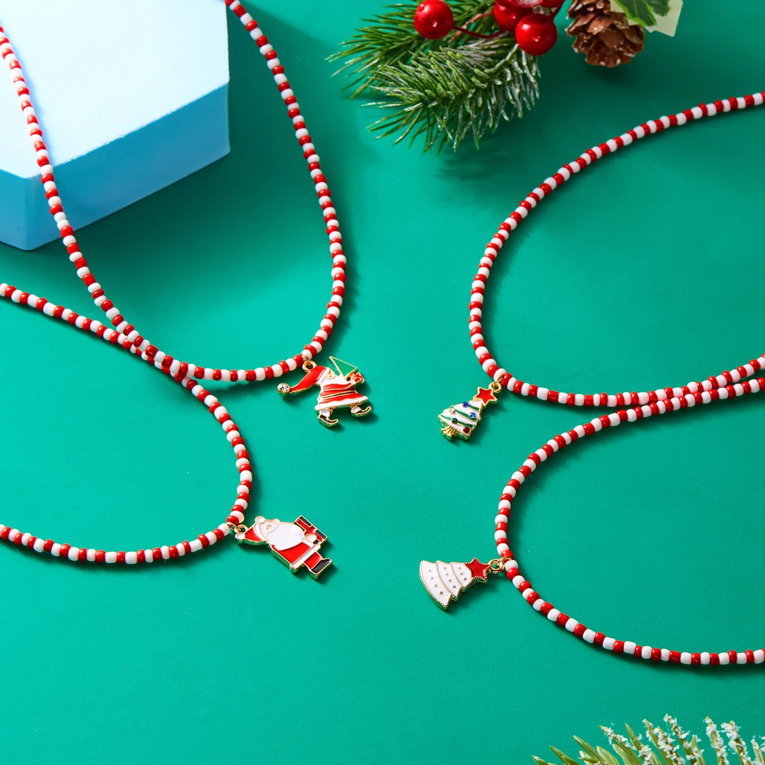 Merry Christmas Rice Beads Necklace For Women Girls Christmas Tree Snowman Santa Claus Crutch Clavicle Choker Xmas Jewelry Gifts