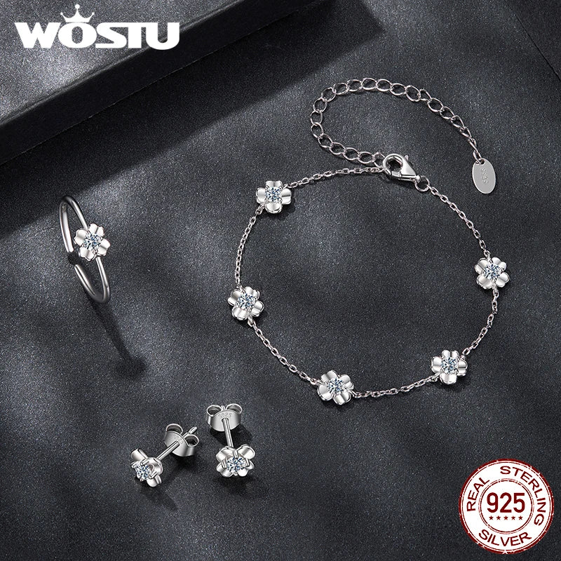 WOSTU Four-leaf Clover Moissanite Opening Ring Stud Earrings Chain Bracelet For Women 925 Silver Diamond Cut Wedding Jewelry Set