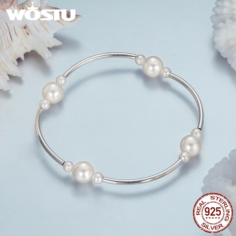 WOSTU 925 Sterling Silver Double Pearl pendant Necklaces Drop Earrings Pearl Opening Ring Bracelet Wedding Set Mother's Day Gift