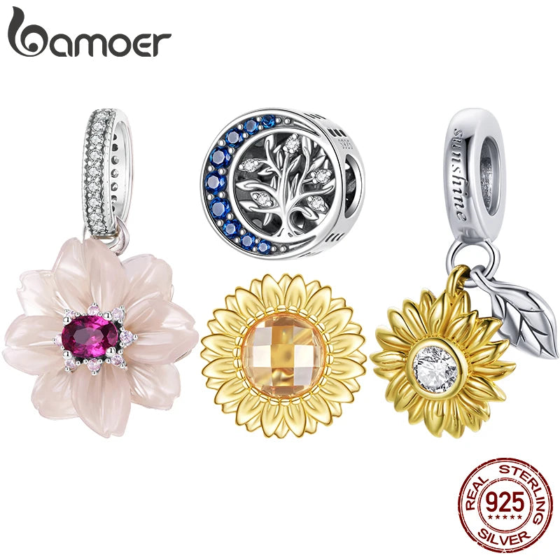 BAMOER Sonnenblumen-Anhänger aus 925er Sterlingsilber, transparent rosa Blume, mondförmiger Lebensbaum-Anhänger, Perlen zum Selbermachen, origineller Schmuck