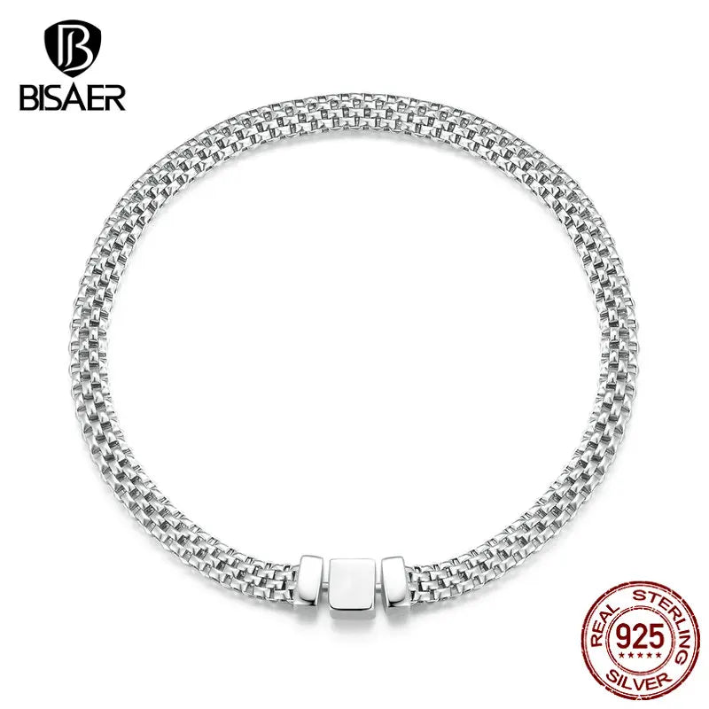Bracelet à boucle carrée classique BISAER 100 % argent sterling 925 à maillons de chaîne tressés rétro pour femmes, bijoux fins plaqués platine