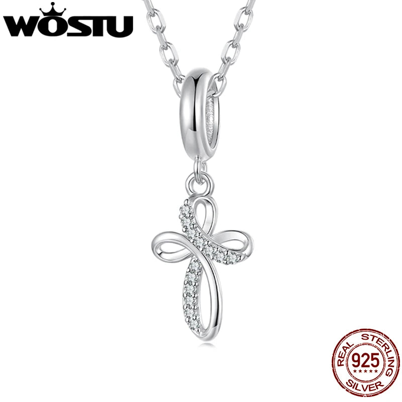 WOSTU 925 Sterling Silver Cross Zircon Pendant Necklace For Women, Elegant Openwork Jesus Christ Charm Link Jewelry Faith Gift