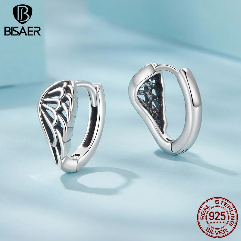 BISAER Solid 925 Sterling Silver Vintage Hollow Wing Hoop Earrings Hip Hop Punk Style For Women Party Original Fine Jewelry