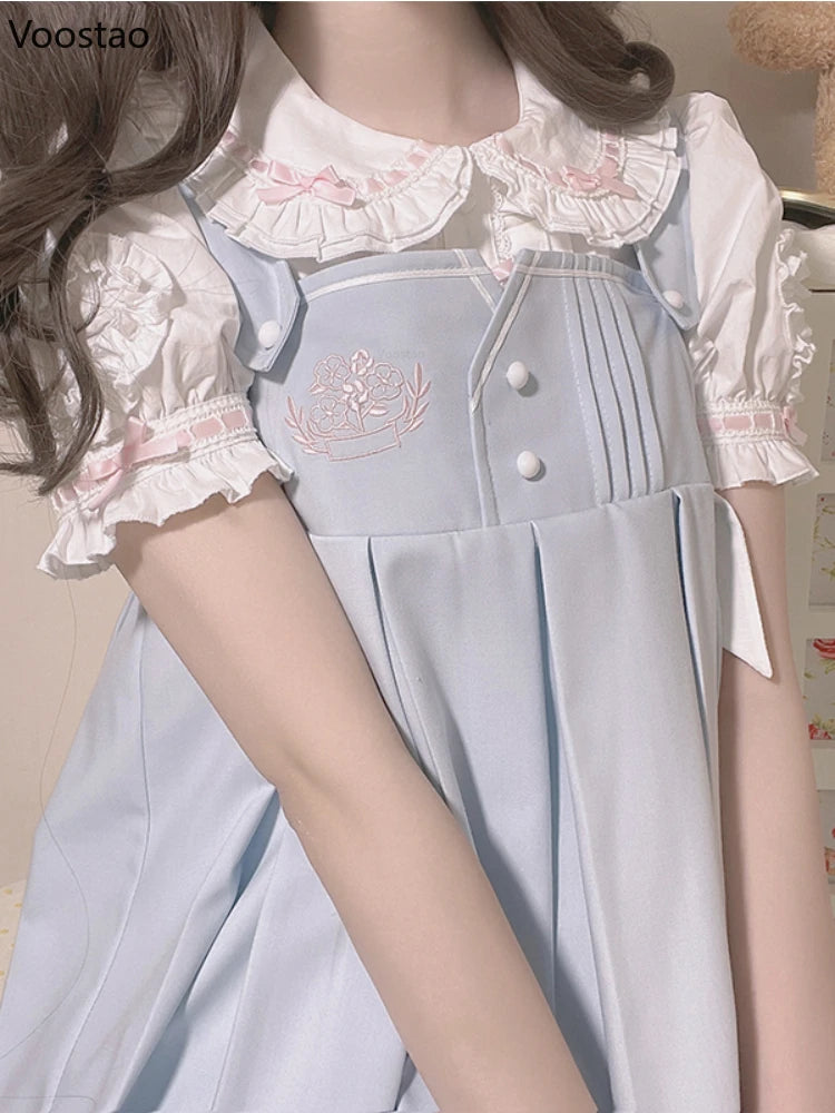 Japanese Sweet Lolita Blouses Women Kawaii Peter Pan Collar Puff Sleeve JK Cotton Shirts Girls Harajuku Cute Bow Blusas Mujer