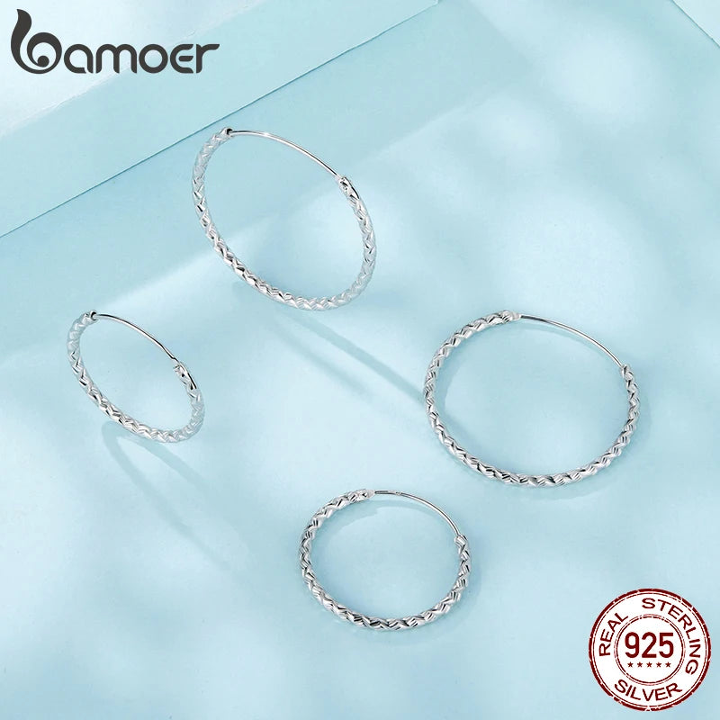 BAMOER 925 Sterling Silver Carved Floral Silver Large Hoop Earrings, Geometric Round Ear Cuff for Women Punk Jewelry Gift