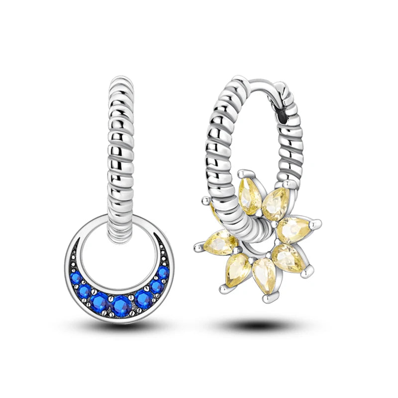 Classic Earrings 925 Silver Zircon Shiny Stars Moon Warm Sun Double Hoop Earrings For Women Original Birthday Party Jewelry Gift