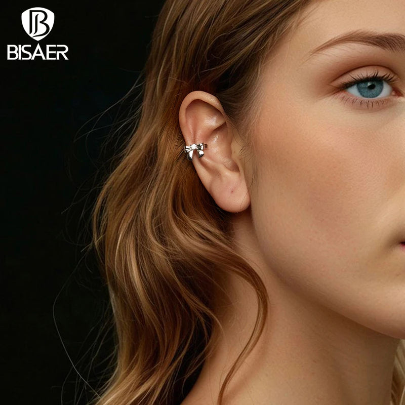 BISAER Pearl Moissanite Bowknot Ear Clips 925 Sterling Silver VVS1 Clarity Lab Created Diamond For Women Wedding Jewelry Gift