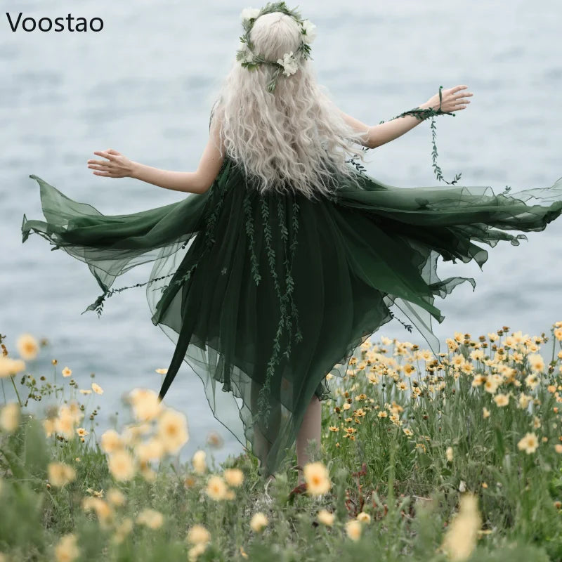 Mori Girl Sweet Lolita Princess Dress Women Sweet Green Butterfly Embroidery Cane Vine Design Party Midi Dresses Elegant Vestido