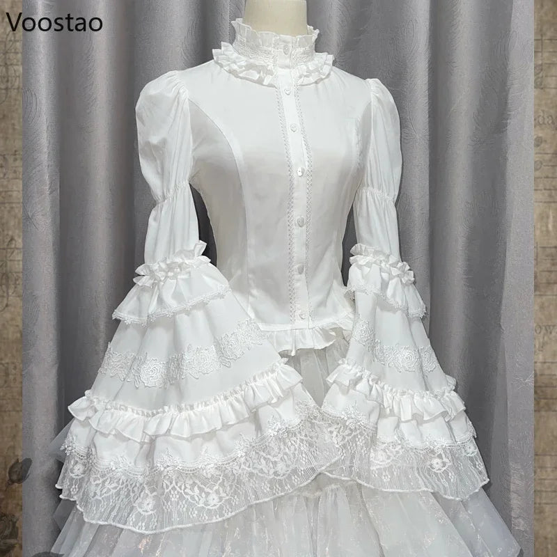 Victorian Gothic Lolita Style Shirts Women Vintage Elegant Lace Ruffles Flare Long Sleeve Slim Blouse Japanese Sweet Y2k Tops
