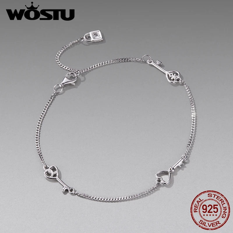 WOSTU 925 Sterling Silver Key Lock Charm Bracelet for Women With Zircon, Dainty Adjustable Hand Chain Jewelry for Romantic Gift