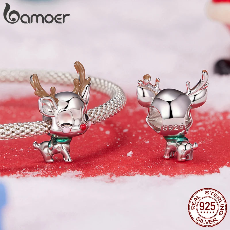 Bamoer 925 Sterling Silver Christmas Charm for Bracelet Santa Claus Snowman Reindeer Apple Pendant Beads Gift for Women Friends