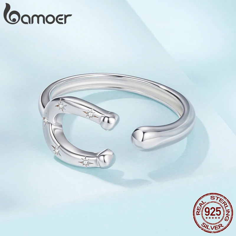BAMOER 925 Sterling Silver U-shape Open Ring Lucky Horseshoe Ring with Star Zircons for Lover Girl Vintage Blessing Dating Gift