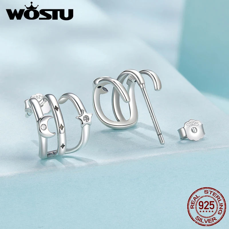 WOSTU 925 Sterling Silver Multi layer Leaves Stud Earrings Moon Star Zircon Ear Studs For Women Party Stacking Jewelry Girl Gift