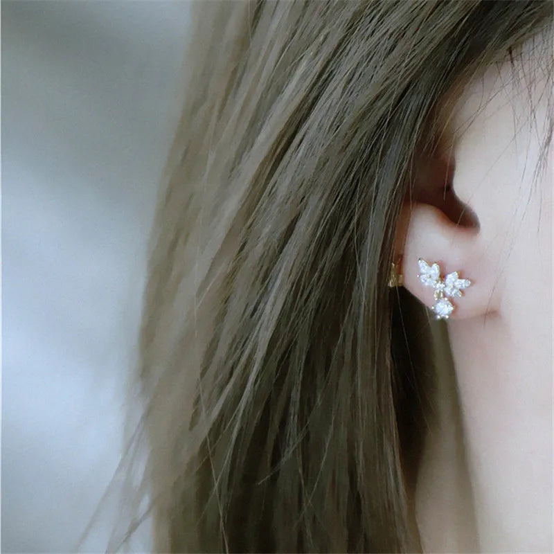 925 Sterling Silver Sparkling Water Drop Zircon Petal Wing Stud Earrings for Women Exquisite Jewelry Gifts