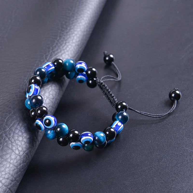 8MM Evil Eye Triple Protection Bracelet Blue Tiger Eye Stone Black Onyx Bracelet Healing Handmade Natural Stone Beads Bracelet