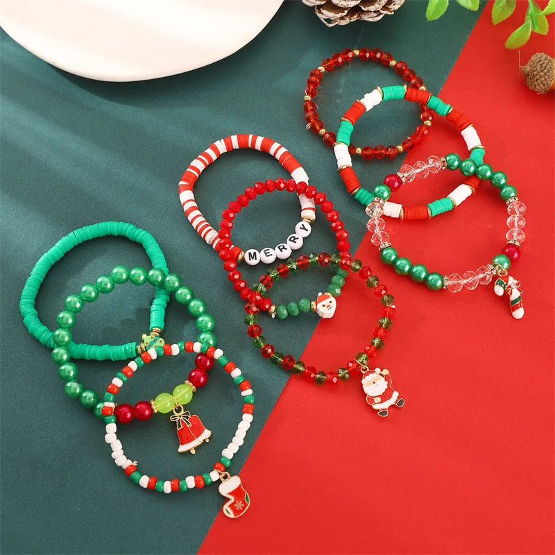 2-5 pcs Cute Christmas Series Bracelet Set For Women Men Santa Claus Snowman Snowflake Pendant Beads Bracelets Party Jewelry