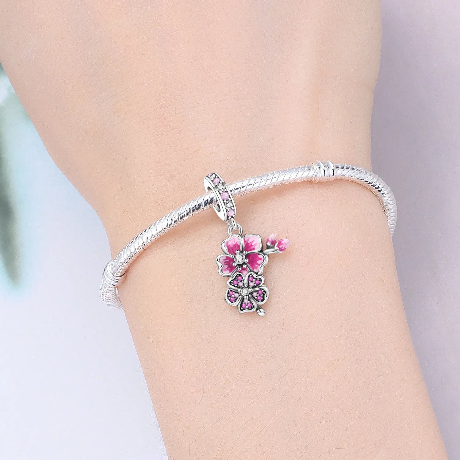 PANPOKI 925 Sterling Silver Pink Cherry Blossom Flower Beads Original Pendants Bracelet Charm Jewelry Party DIY Trendy Gifts
