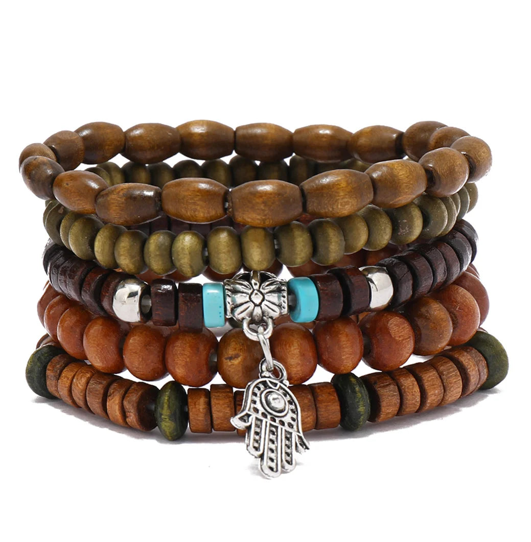 Vintage Cross Multi-Layer Beaded Wooden Beads Men's Bracelet Multi-Piece Set Bracelet